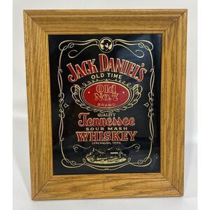 Vtg Jack Daniels Whiskey Bar Glitter Mirror Foil Sign Red Gold Oak Framed 12x10